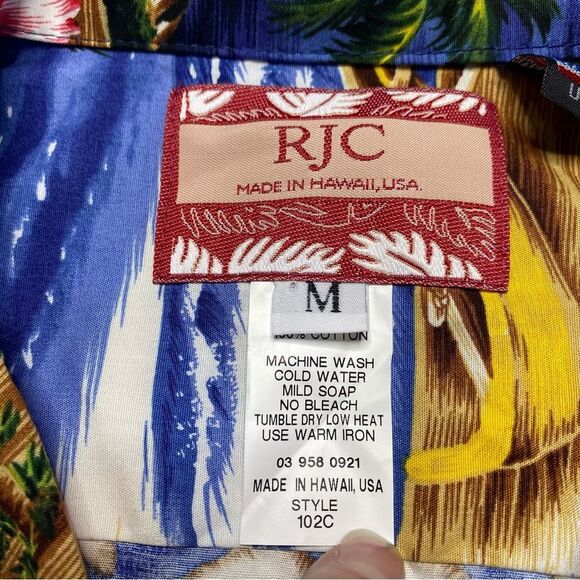 RJC Hawaiian Shirt Islands Music Drums Guitar Hibiscus Palm Trees Aloha Sz M - Picture 8 of 10